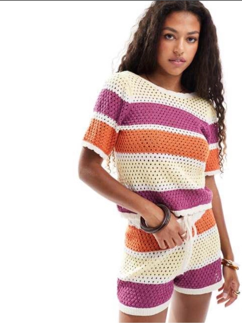 Striped Crochet Knit Short Sleeve Sweater in Cream, Purple, and Orange